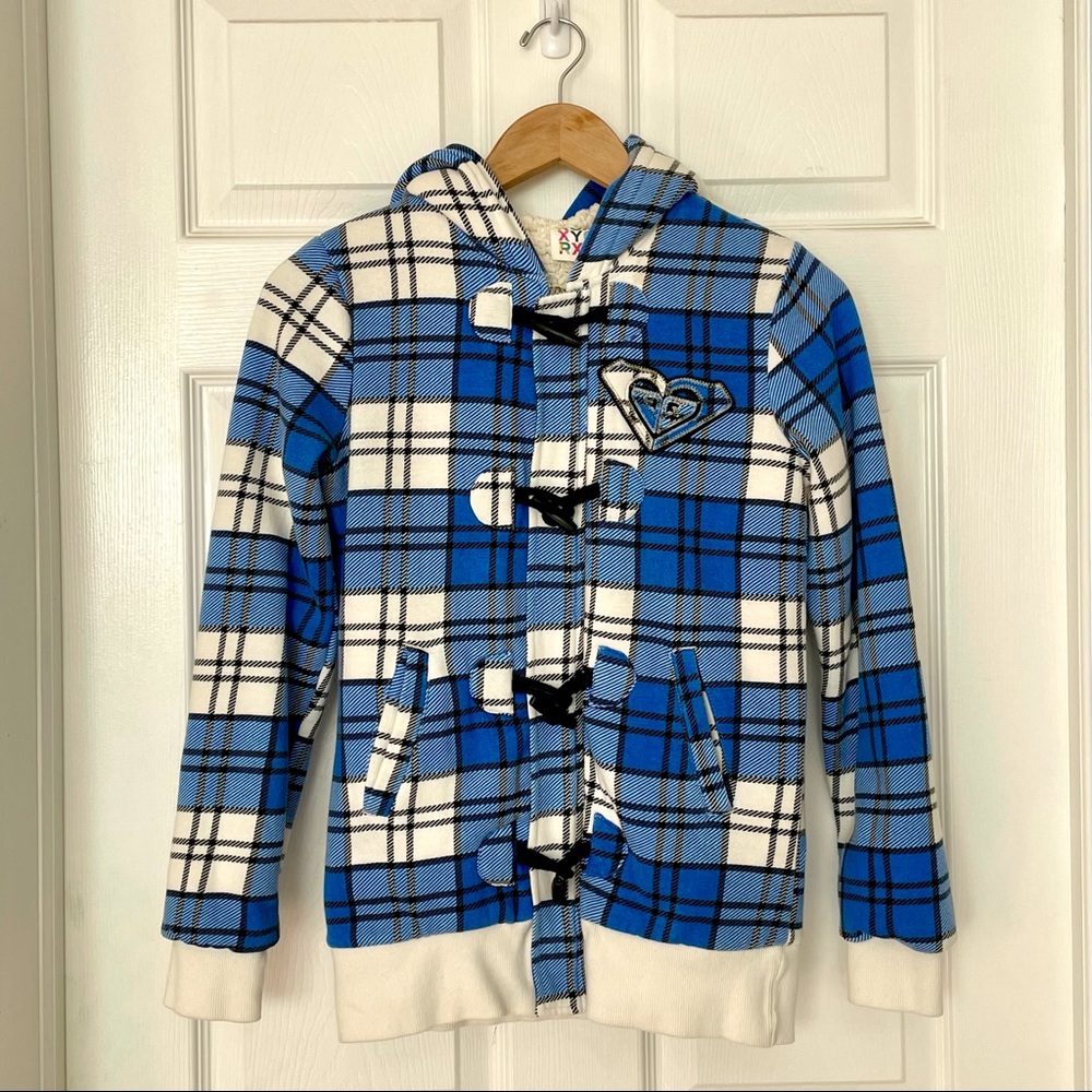 ROXY Blue & White Flannel Fleeced Lined Hooded Jacket Winter Coat Size Small